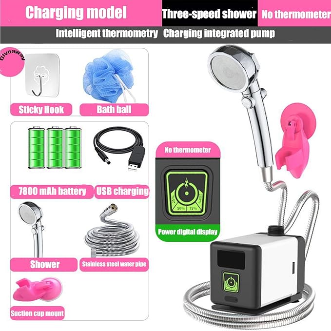 Charging [no thermometer]Portable Outdoor Shower 6000 mAh Pure Copper Brushless Motor Pump Outdoor Camping Shower Good Quiet Effect Suitable for Camping and Travel