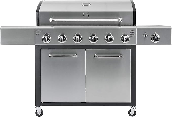 Kenmore 6-Burner Propane Gas BBQ Grill with Side Burner 73000 BTUs Stainless Steel Cabinet Grill with Cast Iron Grates for Outdoor Cooking Backyard BBQ Patio Large Parties