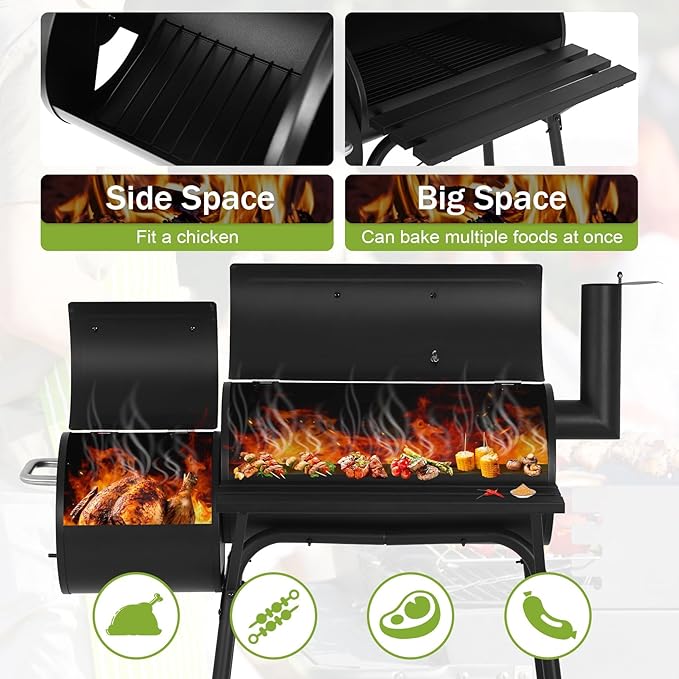 BLKMTY 43 Charcoal Grills Outdoor BBQ Grill with Offset Smoker Camping Portable Grill Camping Barbecue Grills with Side Fire Box for 6-10 People Patio Backyard Picnic BBQ Black