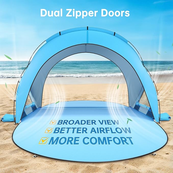 Raynesys Beach Tent Sun Shelter Sun Shelter for 1-4 Person Beach Shade Tent Beaches Shade with 2 Zippered Doors Portable Tents for Camping Fishing Blue