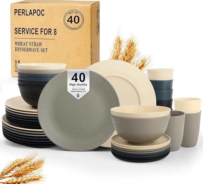 40 PCS Wheat Straw Dinnerware Set | Service for 8 Plastic Dishes Set Unbreakable Plates and Bowls Sets Drinking Glasses Dishwasher and Microwave Safe Dish Set for KItchen - Gray Stone
