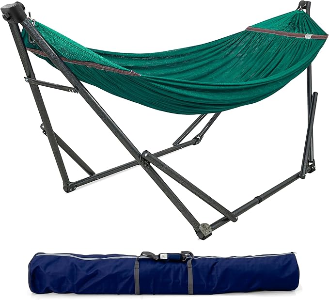Tranquillo Foldable Hammock Stand Collapsible Camping Hammock and Stand Set 600 lbs Capacity Double Hammock Stand for 2 Persons Premium Steel Stand and Breathable Polyester Hammock Net Peacock
