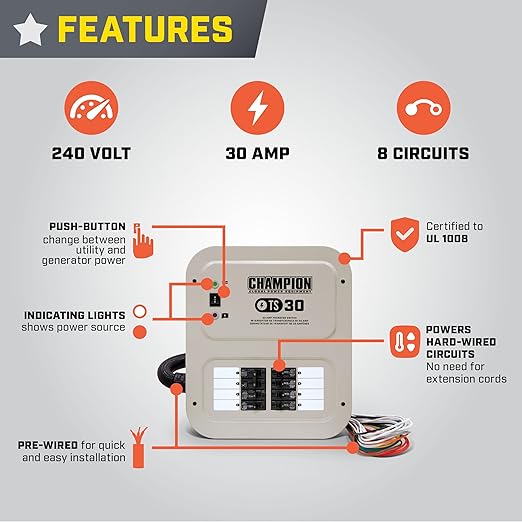 Champion Power Equipment 30-Amp Indoor-Rated Manual Transfer Switch with 25-Foot Generator Power Cord and Weather-Resistant Power Inlet Box