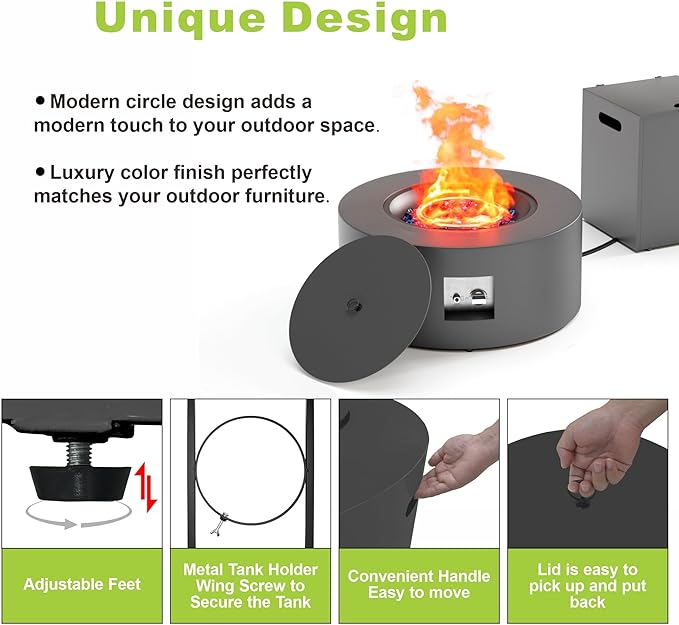 30 Round Propane Fire Pit Table - 50K BTU with Lid Rocks Tank Storage and Cover - Round Gas Fire Pits for Outside Patio - Outdoor Table with Firepit (Grey 30 Round)