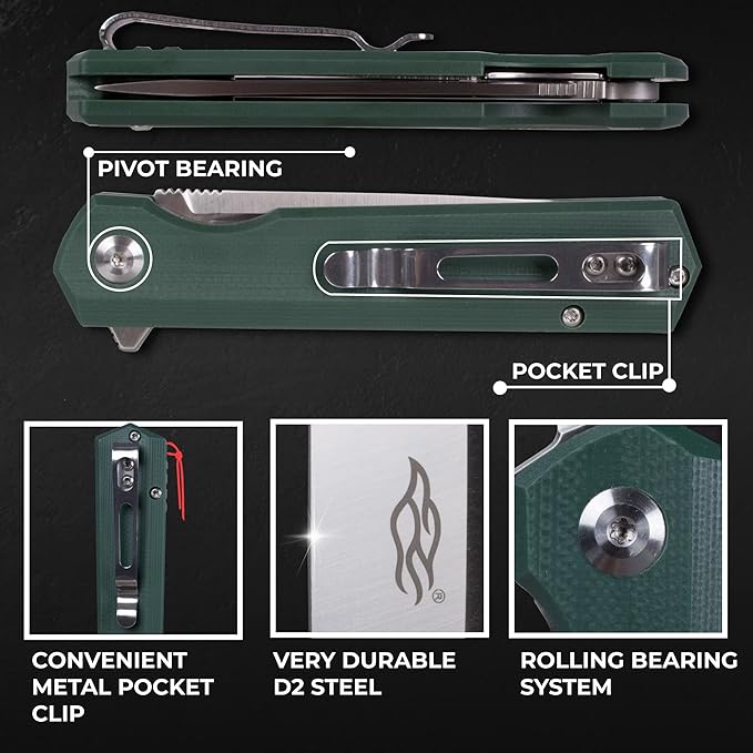 Firebird GANZO FH11 Pocket Folding Knife D2 Steel Blade G10 Handle with Clip Hunting Fishing Camping Outdoor EDC Knife (Green)