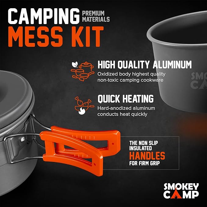 Smokey Camp Camping Cookware Mess Kit Set with Stove - Backpacking Camping Pots and Pans Set All in One Non-Stick Camping Cooking Set Portable Stove Hiking Picnic Outdoor &amp Camping Cookware S