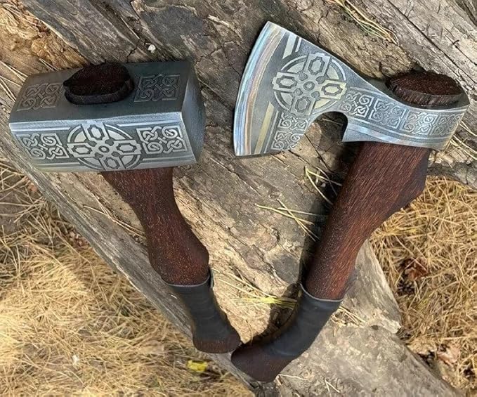 2pcs Viking Hammer &amp Viking Axe Set Crafted from Hand Forged Corban Steel Viking Axe with Sheath Hand Forged Hammer and Viking Bearded Axe with Rosewood Handle Camping Set