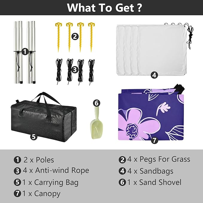 Beach Canopy with Windproof Ropes &amp Sandbags Beach Tent Sun Shade Sun Shelter for Camping Trips Fishing Backyard Fun or Picnics Purple Flowers