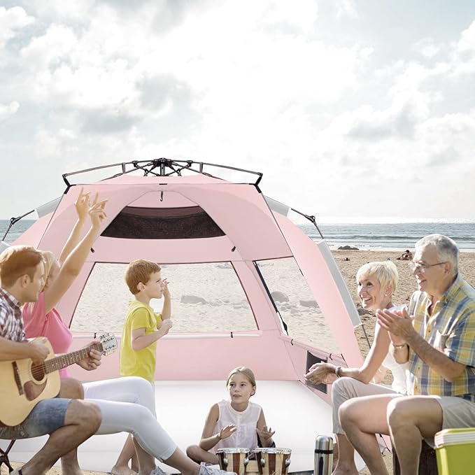 Oileus XX-Large Pop Up Beach Tent Sun Shelter for 5-6 Person Portable Sun Shade Instant Tent for Beach with Carrying Bag Stakes 6 Sand Pockets Anti UV for Fishing Hiking Camping Pink