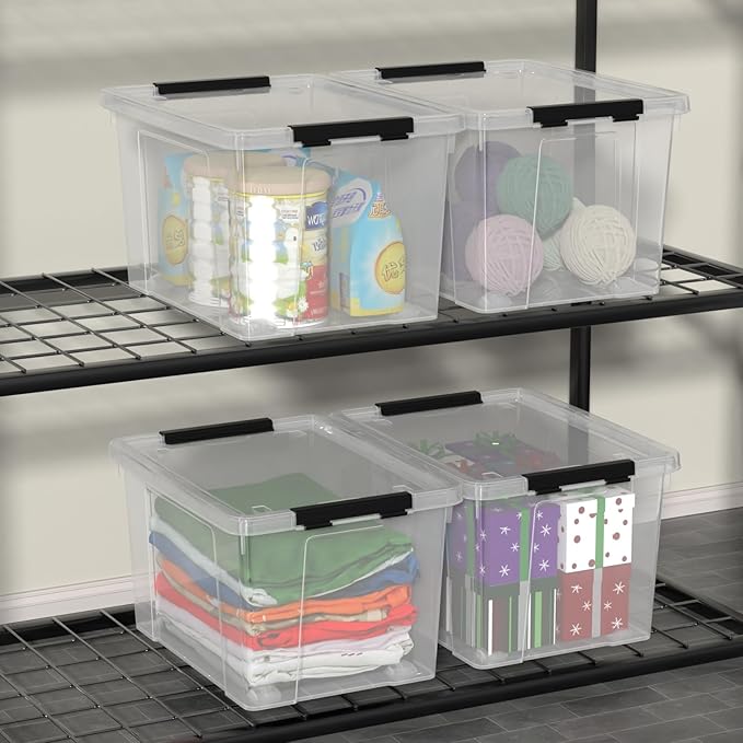 4-Pack 22 Quart Plastic Storage Bins with Wheels Latching Storage Box Bin Clear