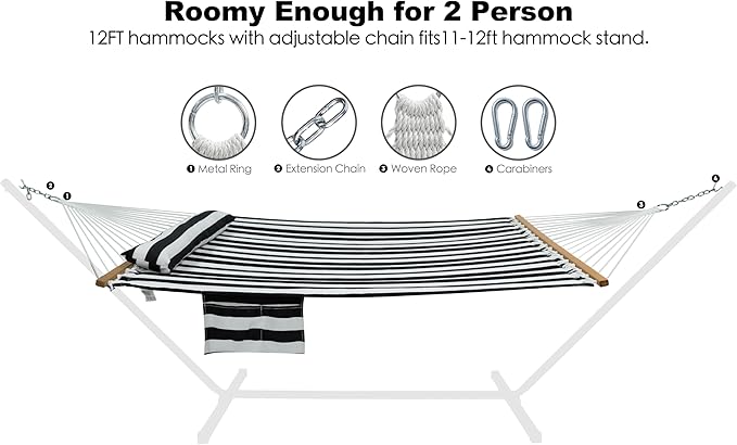 GAFETE Hammock 2 Person Quilted Fabric Hammocks for Outside Double 12ft Hammocks with Spreader Bar Large Removable Pillow Storage Bag Carabiners Max 475 lbs Capacity (Black White)