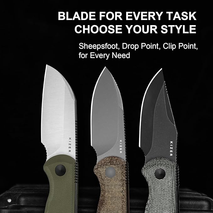 Kizer Drop Bear Fixed Blade Knife 2.57 Gray Stonewash 14C28N Blade EDC Camping Knife with Brown Burlap Micarta Handle &amp Hidden Tools Full Tang Hunting Knives with Adjustable Kydex Sheath 1094A