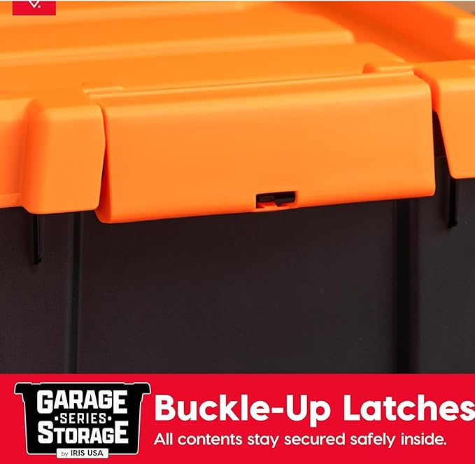 IRIS USA 20 Gallon Lockable Storage Bins with Lids 2 Pack - Made in USA Heavy Duty Stackable Containers Garage Organizing Bins Moving Tubs Rugged Sturdy Equipment Utility Box - Black/Orange