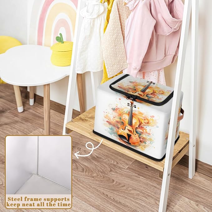 Music Violin Storage Box with Lid Watercolor Instrument Collapsible Storage Bins Baskets Cubes Closet Shelf Clothes Organizer Containers with PU Leather Handles