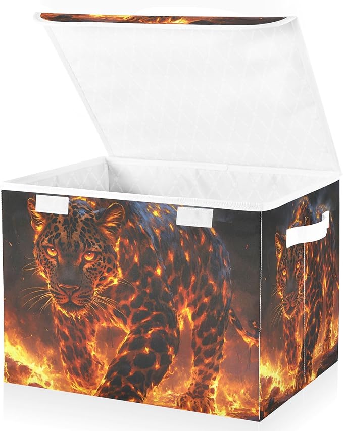 AIXIWAWA Lidded Storage Cube (Leopard with Flame) Fabric Foldable Closet Bins with Flip Lid and Handles Organizer Basket Container 16.5 x 12.6 x 11.8 IN