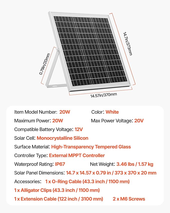 VEVOR 20W 12V Solar Panel Battery Charger Solar Battery Trickle Charger Maintainer with Intelligent MPPT Controller &amp Adjustable Mount Bracket IP67 Waterproof for Car Boat RV Motorcycle Trailer