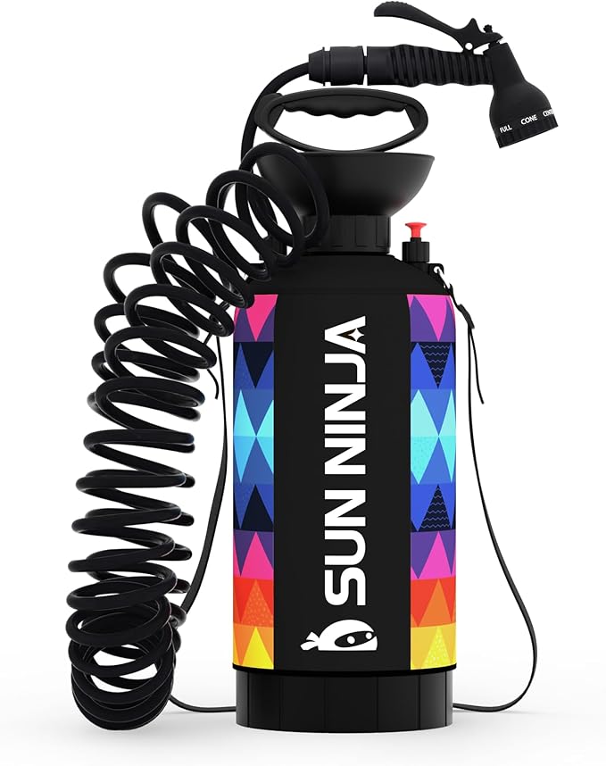 SUN NINJA Portable Shower and Bucket Hat Bundle with Multi-Spray Shower Head Neoprene Cover UPF 50+ Reversible Sun Hat Shoulder Strap - Outdoor Camping Beach Hiking &amp Sun Protection