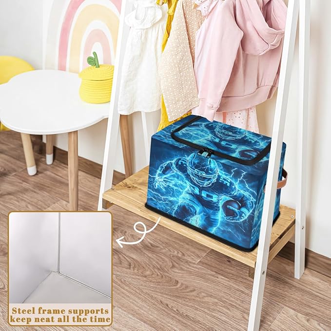 Football Player Storage Box with Lid American Sports Collapsible Storage Bins Baskets Cubes Closet Shelf Clothes Organizer Containers with PU Leather Handles