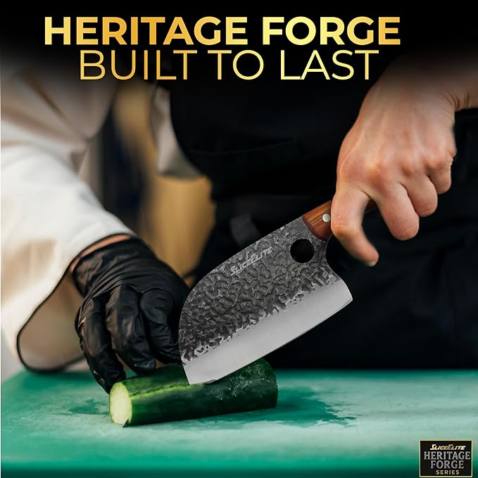 SliceElite Heritage Forge Series 2PCS Hand-Forged Serbian Chef &amp Viking Duo Kitchen Tool Meat Cleaver Chopping Knife Outdoor Cooking BBQ Butcher Set Forged Cooking Knives Great Knife for Men and W