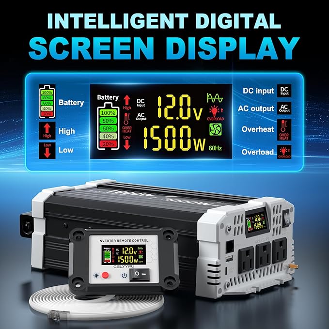 1500 watt Pure sine Wave Inverter 12V DC to 110V AC Power Inverter Used for Solar Emergency Power Supply in RV Homes with 3 AC Output sockets USB Port Type-C Port Remote Control with LCD Screen