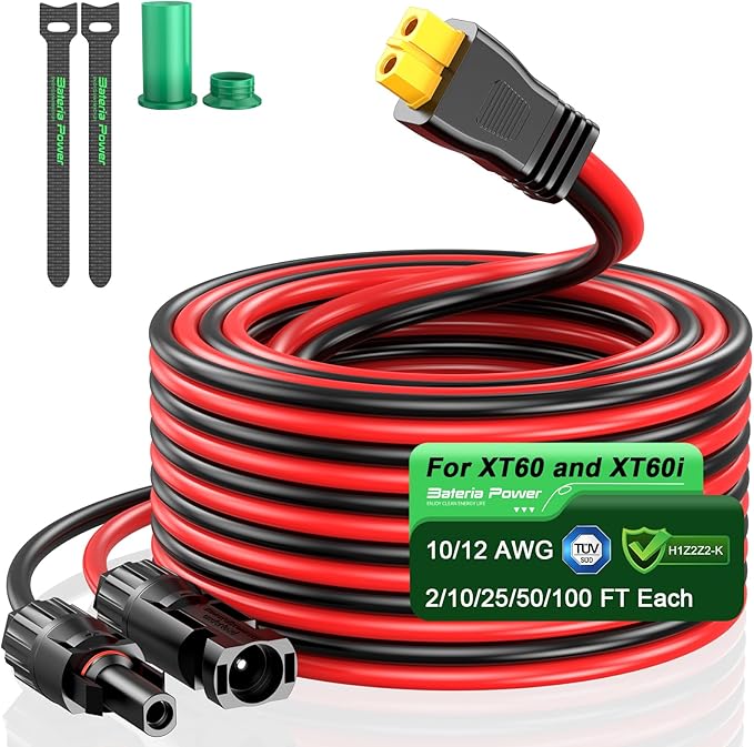 Bateria Power Solar Panel Cable for Ecoflow Anker SOLIX 12AWG 100FT XT60 Solar Cable XT60 Extension Charge Extension Cable Compatible with EcoFlow Anker BLUETTI &amp Generator