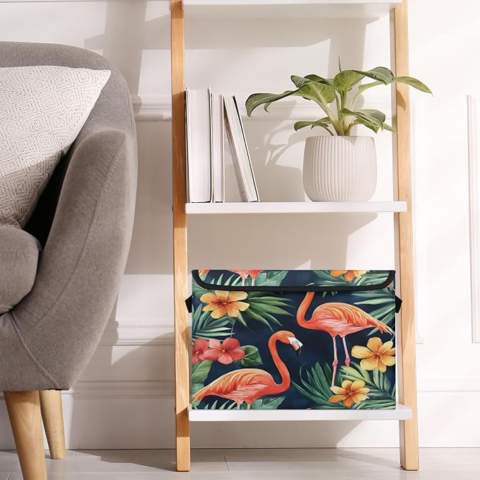 Tropical Flamingo Storage Basket with Lid Green Palm Leaves Foldable Storage Box Fabric Storage Bins with Carrying Handles for Home Bedroom Closet Organization