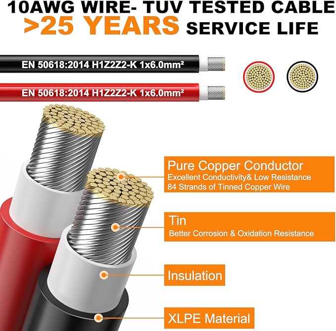 Oududianzi 2x50 Feet Solar Panel Wire 10AWG Solar Wire Tinned Copper 10 Gauge PV Cable for Outdoor Automotive RV Solar Panels Boat Marine (50FT Red + 50FT Black)