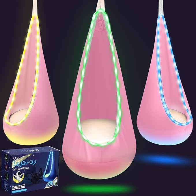 Light Up Kids Pod Swing Seat Upgraded Kids Hanging Hammock Swing with LED Lights Cotton Sensory Pod Swing Chair with Inflatable Pillow Pod Swing for Kids Indoor &amp Outdoor (Light Pink)