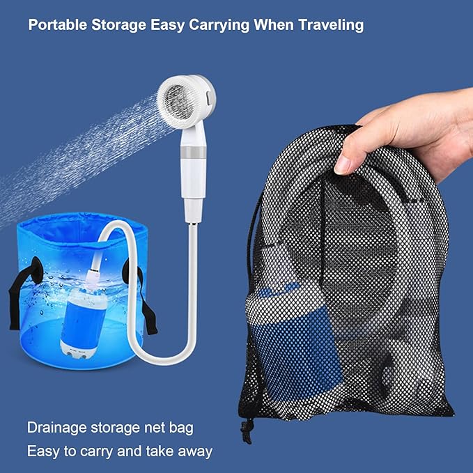 Portable Camping Shower Outdoor Camp Shower Pump Upgrade Rechargeable Electric Showing Pump with 2 Spray Modes 2M Long Hose for Camping Hiking Traveling RV