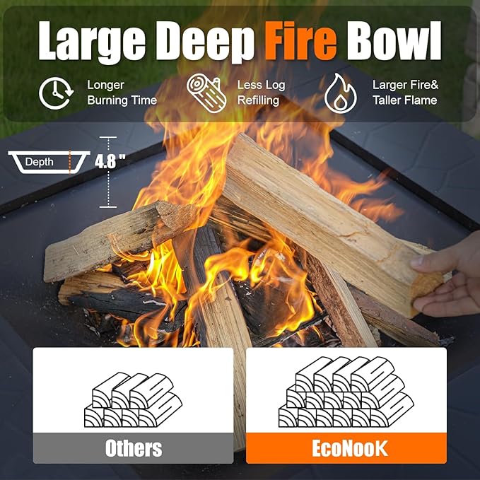 EcoNook 32 inch Fire Pit Square Outdoor Fire Pit Table with Spark Screen &amp Fire Poker 3-in-1 Multipurpose Firepits for Outside Fireplace for Yard Garden Patio