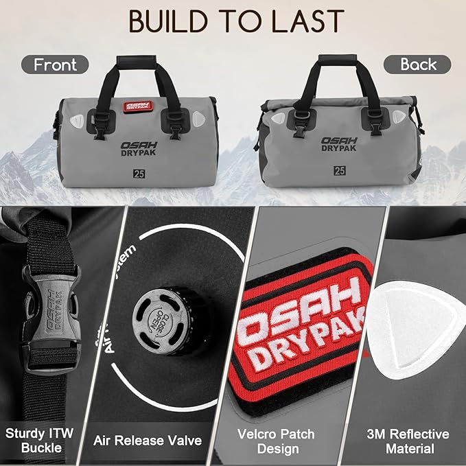 OSAH DRYPAK Waterproof Duffel Bag - Motorcycle Dry Bag Tail Bag with Large Storage Space Waterproof Luggage Duffle Bags with Outer Mesh Zipper Pocket for Camping Kayaking Fishing &amp Traveling