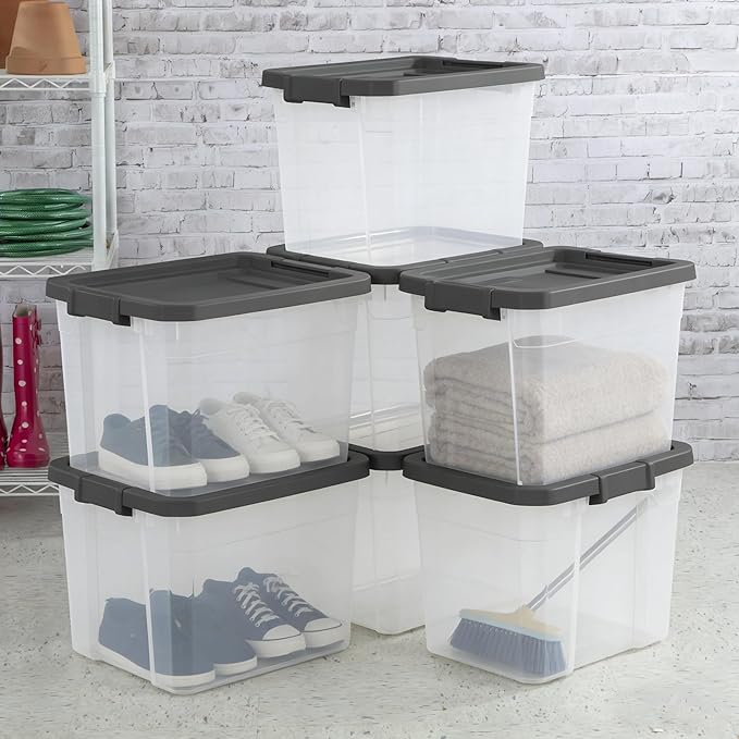 76 Quart Heavy-Duty Stacker Box – Clear Plastic Storage Bin with Secure Latch Lid Ideal for Home Garage Closet &amp Basement Organization Dark Gray (2)
