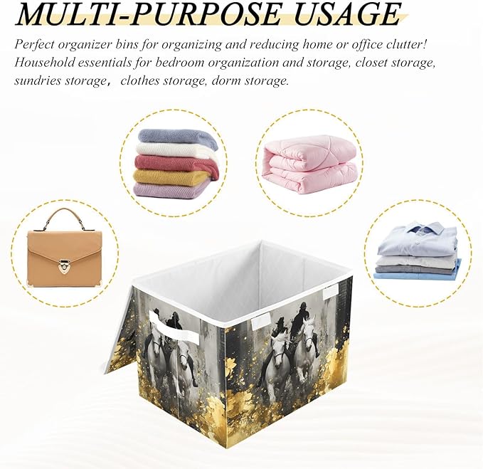AIXIWAWA Lidded Storage Cube (Horses Gold) Fabric Foldable Closet Bins with Flip Lid and Handles Organizer Basket Container 16.5 x 12.6 x 11.8 IN