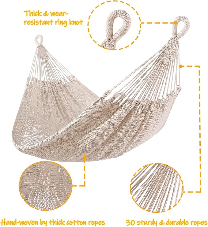 ZEAN Handwoven Hammock by Thick Cotton Rope XL Two Person Hammock for Outside Patio Backyard Garden 550LB Capacity