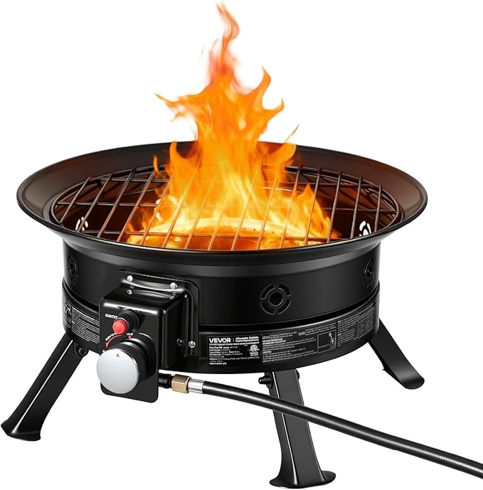 VEVOR Propane Fire Pit 24-Inch 53000 BTU Portable Gas Fire Pit with Grill Grate &amp Lava Rocks Adjustable Flame Folding LegsSmokeless Outdoor Firebowl for Camping Patio Backyard Deck RV B