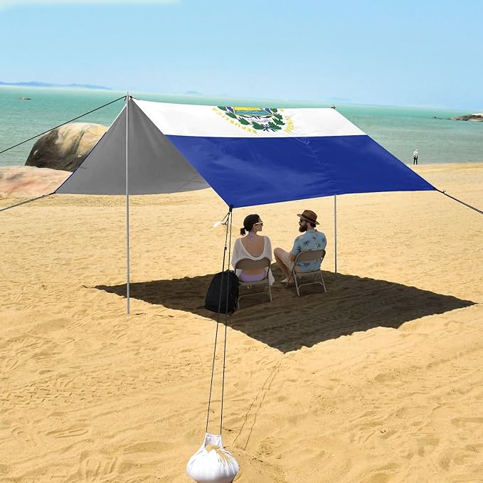 El Salvador Flag Beach Cabana UPF50+ Protection Water-Resistant Shade Sun Shelter with Sturdy Poles Sandbags and Shovel for Family Trips Picnics &amp Camping