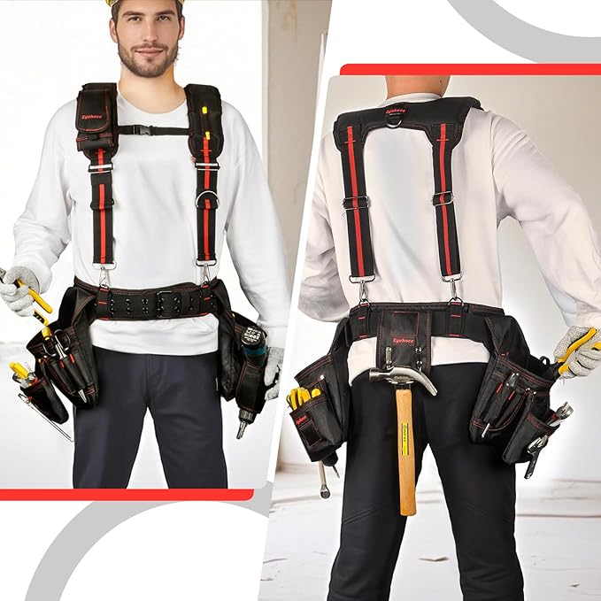 Heavy Duty Tool Belt with Padded Suspenders – Adjustable Construction Tool Rig with Multi-Pouch System – Framing &amp Electrician Waist Belt for Men（Adjustable one sizeZ)