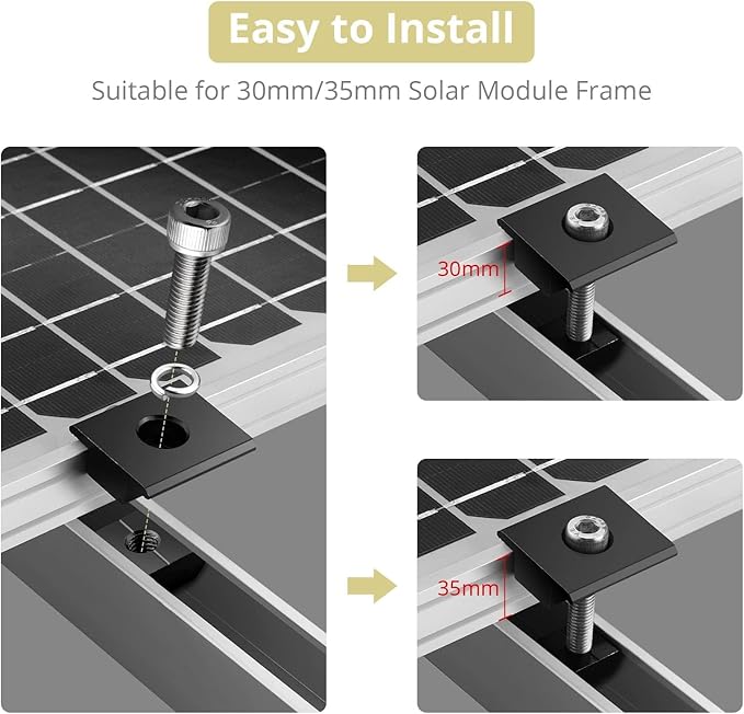 Anbte 10pcs Solar Panels Centre Clamps Aluminium T-Shaped Mid Clamps 30mm/35mm Solar Panel Mounting Brackets Solar Mounting Rail Connector for Metal Roof Tin Roof Flat Roof Sheet Roof Black