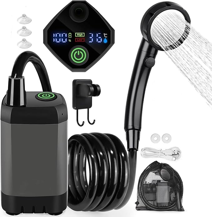 Portable Shower for Camping Portable Outdoor Shower with Pump Intelligent LED Display IPX7 Waterproof 6000mAh Rechargeable Battery Powered Shower for Hiking Beach RV Travel