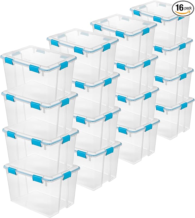 Sterilite 16-Pack Gasket Box Weather-Resistant Storage Bins with Latching Lids 80 Quart - Heavy-Duty Organizing Containers for Closet Bathroom and Office