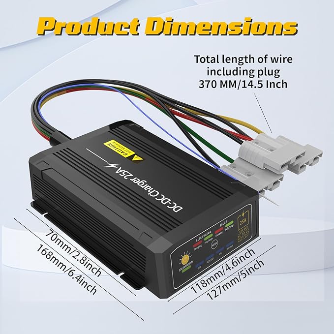 12V 25A DC to DC Charger with MPPT IP68 Waterproof Smart On-Board Battery Charger with Anderson Plug Solar and Alternator Dual Input Fits for LiFePO4 AGM STDGel Cal