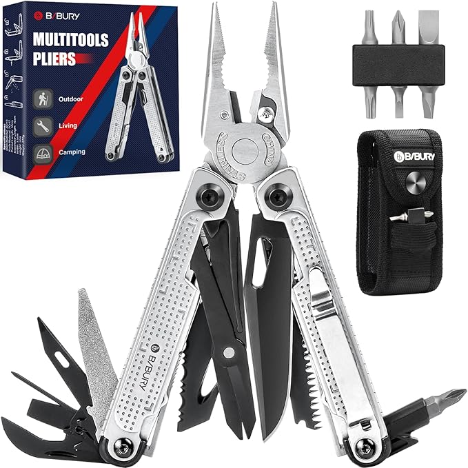 BIBURY Multitool Pliers BI2048B Stainless Steel Multi Tool with Upgraded Rope Cutter and Screwdrive Foldable Self-locking Multitools with Nylon Pouch Ideal for Camping Hiking Survival Repair