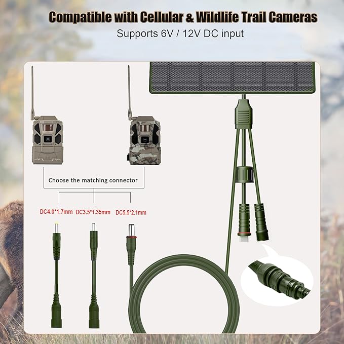 10W Solar Panel with 10400mAh Battery 6V/12V Adjustable Output for Trail Cameras USB-C &amp DC Plugs IP66 Waterproof 360° Adjustable Mount for Cellular &amp Wildlife Cameras