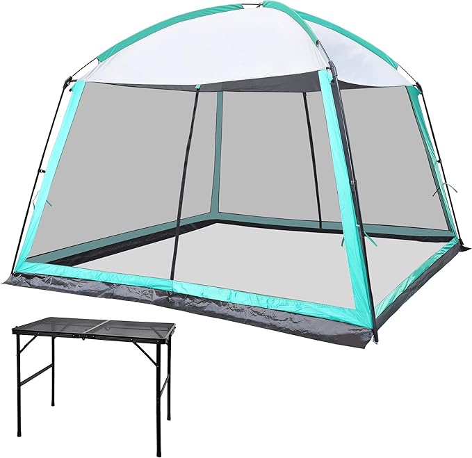 GREGIN Screen House Tent and Metal Camping Table Bundle-Waterproof &amp UV Protection Canopy Shelter with Sturdy Foldable Table Suitable for Camping Backyard Picnic
