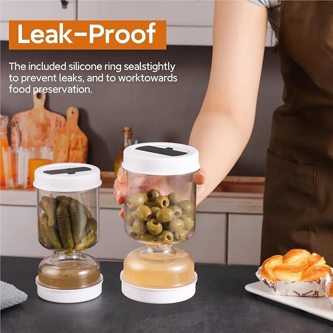 Glass pickle jar with filter flip lid 2-pack pickle container olive hourglass jar dry and wet seal pickle juice separator pickle storage jar 34 oz