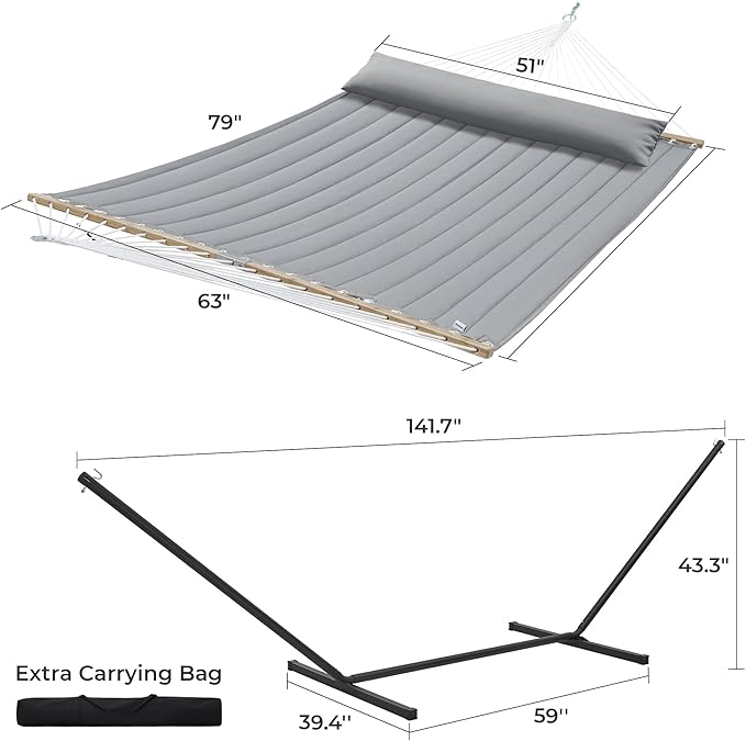 SUPERJARE Hammock with Stand 2 Person Quilted Outdoor Hammock Detachable Pillow &amp Bamboo Spreaders Portable Hammock with Carrying Bag Heavy Duty Stand Perfect for Outside Patio Gray