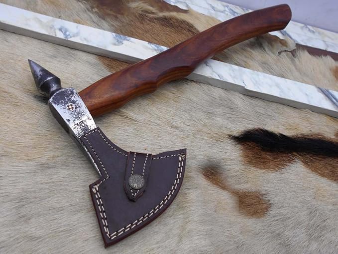 Damascus Depot Voyager Axe 15 Inches Long High Carbon Steel with Axe Head wit Walnut Wood Round Handle Bearded Hiking Battle Axe Thick Cow Hide Leather Sheath