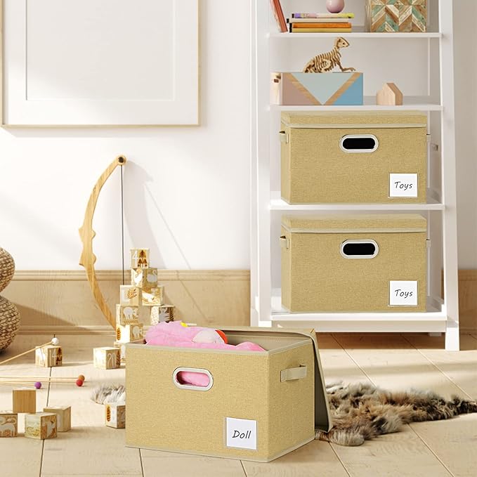 LHZK Extra Large Storage Bins with Lids [3-Pack] Linen Fabric Foldable Storage Boxes for Closet Organization 15.75x11.8x10.2 Stackable Storage Containers Storage Baskets for Organizing (Beige)