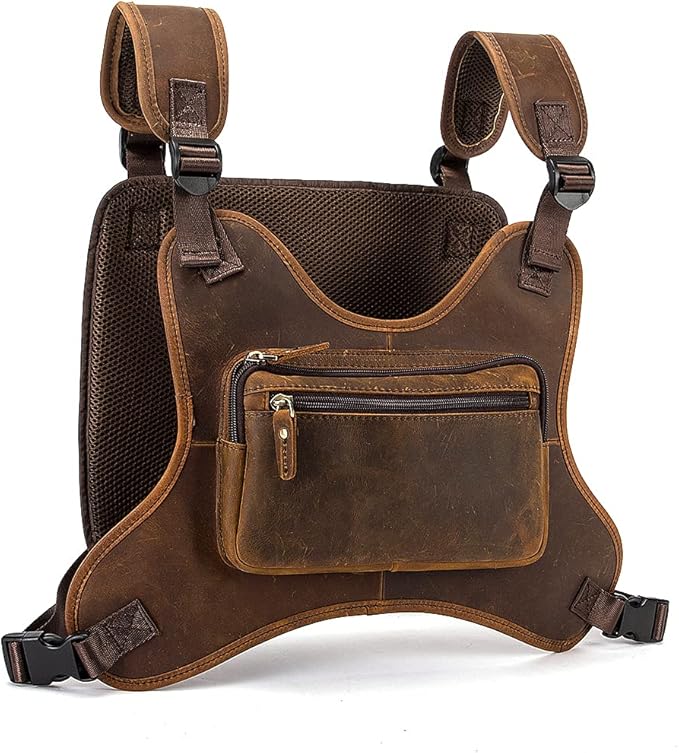Le'aokuu Hands Free Tactical Chest Rig Bag Walkie Talkie Vest Harness Radio Holster Holder for Men 291 (Brown)