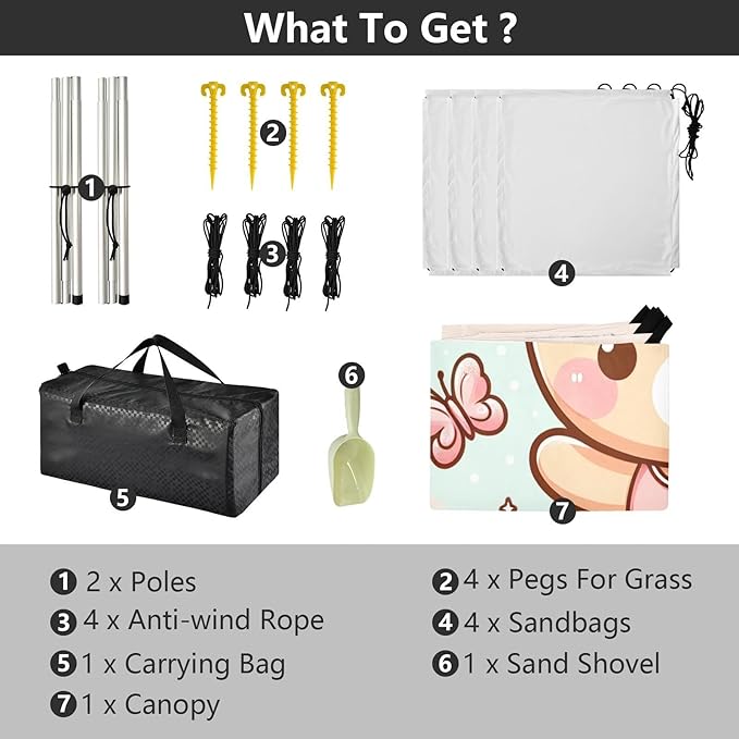 Cute Bear with Bow Beach Tent Sun Shelter Set UPF50+ UV Protection 10.5 x 9.19 FT Camping Shade Canopy with Sandbags Sand Anchors Carrying Bag and Others